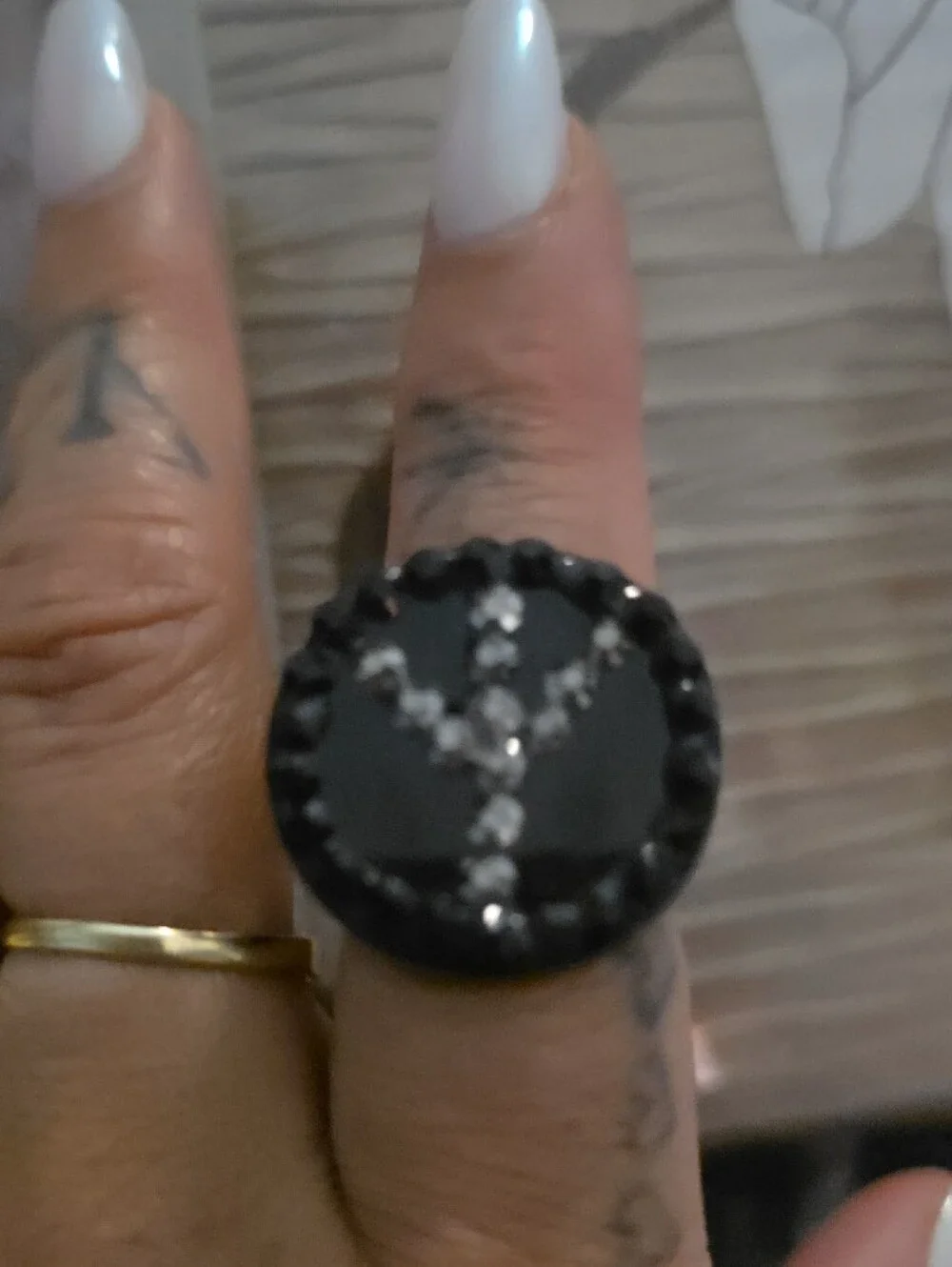 Fashion Jewelry Black Ring with Crystal Cross Accent